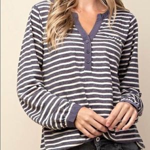 Kori America Gray/Whit Striped Long Sleeve Top S